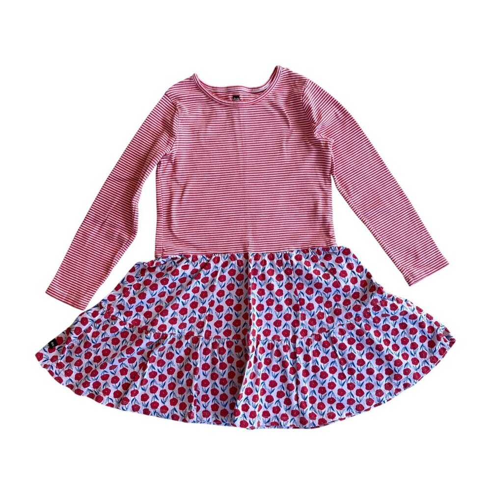 Girls 8 Tea Collection Long Sleeve Tiered Skirted Red Striped Floral Dress